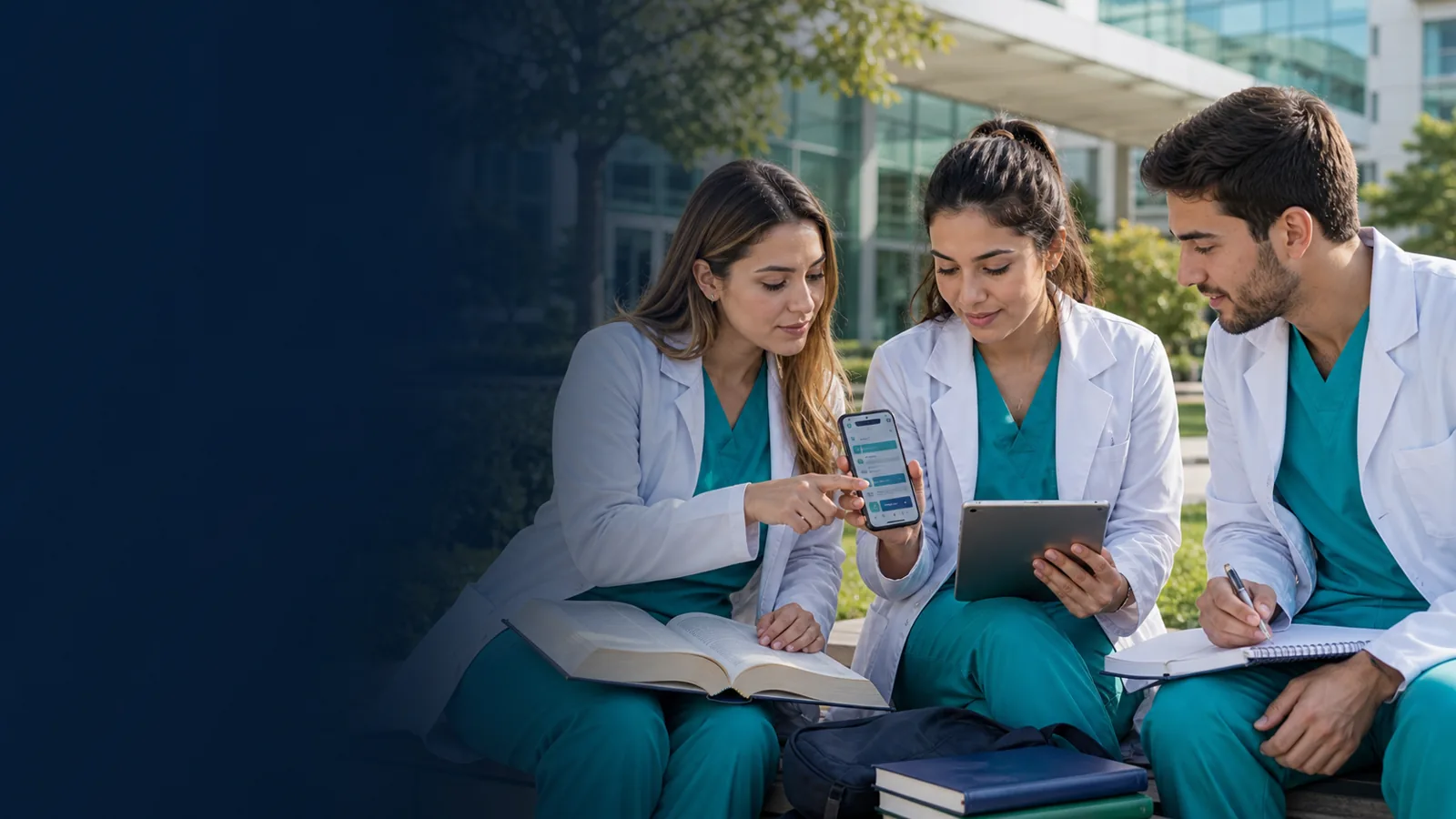 Estudantes de medicina revisando juntos no campus